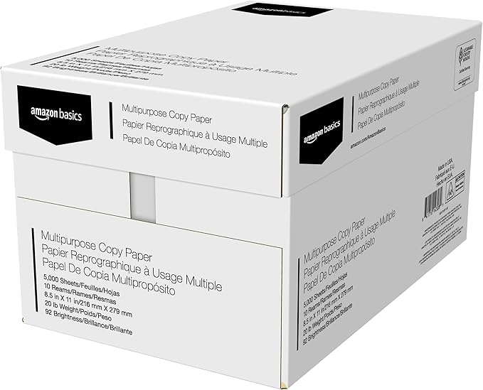 Amazon Basics Multipurpose Copy Printer Paper, 20 lb, 8.5 x 11 Inches, 10 Reams (5,000 Sheets), 92 Bright, White-DeskLoop Office