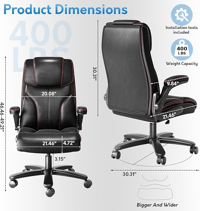 Office Chair Big and Tall 400lbs, High Back Executive Office Chair Flip Up Arms, Breathable Leather Home Office Computer Desk Chair with Lumbar Support Rocking Function, Black-DeskLoop Office