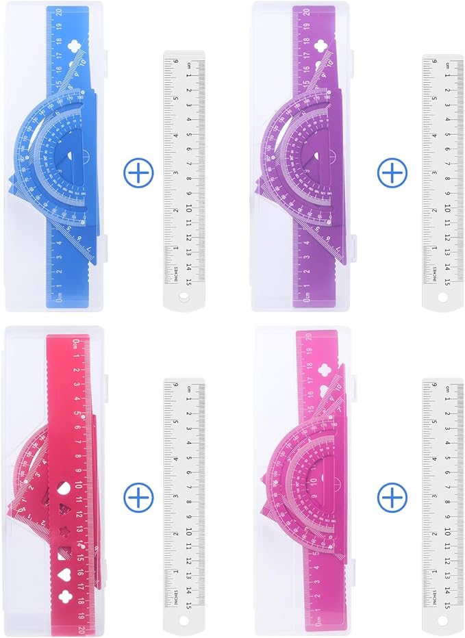 Honagu Triangular Ruler Set, 4+1Pieces Aluminum Alloy Ruler, Metal Drafting Ruler, Geometric Protractor for Students, School Office Supplies (Red, 20cm)-DeskLoop Office