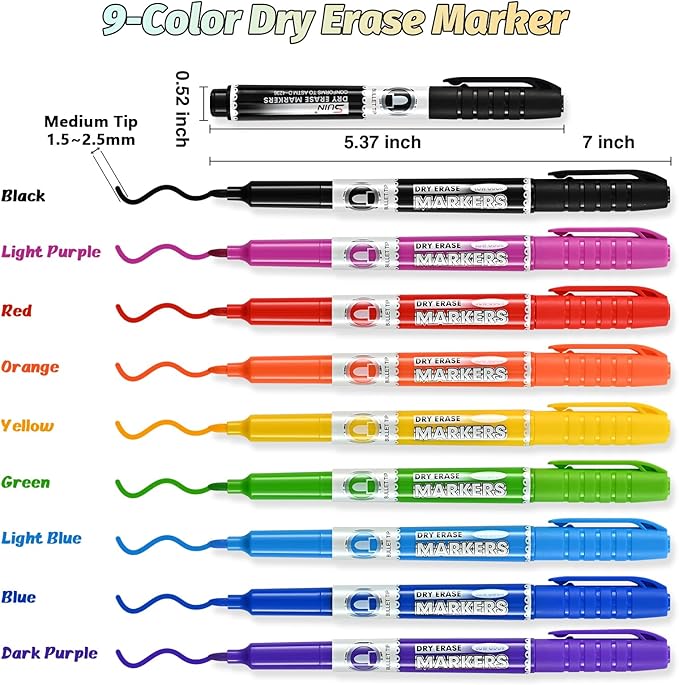 SUIN 9 Colors Dry Erase Markers - Low Odor, Non-Toxic, Slim Whiteboard markers, Medium Fine Tip Whiteboard Pens for Kids, Office, Classroom & Home, 9 Count-DeskLoop Office