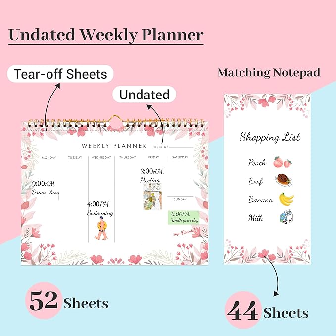 8.5x11 Weekly Planner Notepad Undated To Do List Note pad 52 Weekly Desk Wall Planner Calendar Hangble Daily Planning Pad for Work,Home,School,Ofiice Supplies,Matching 44 Notepad,Pink-DeskLoop Office