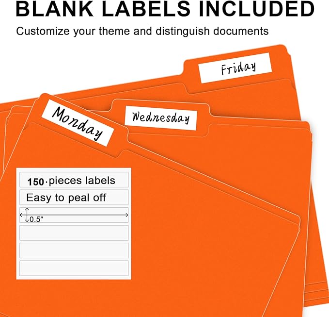 File Folder, RAZCC 150 Pack 1/3 Cut Tab File Folders Letter Size, Orange, Folders with Tab, Great for Organizing and Easy File Storage-DeskLoop Office