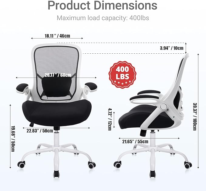 HYLONE 400lbs Heavy Duty Office Chair, 5" Thickened Seat Ergonomic Desk Chair with Adjustable Armrests, Home Office Computer Chairs for Long Hours Mesh Executive Chair(White Base&Black)-DeskLoop Office