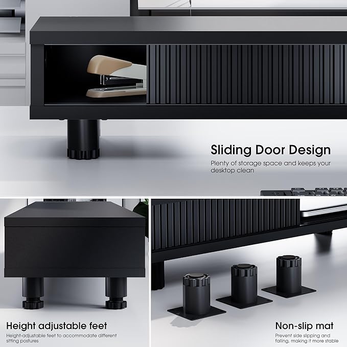 Fenge Dual Monitor Stand, 42.5inch Long Monitor Stands Riser for 2 Monitors, Sliding Door with Storage Organizer Stand for Desk, 2 Tier Desk Shelf for Laptop, Pc, Printer, Computer, TV-DeskLoop Office