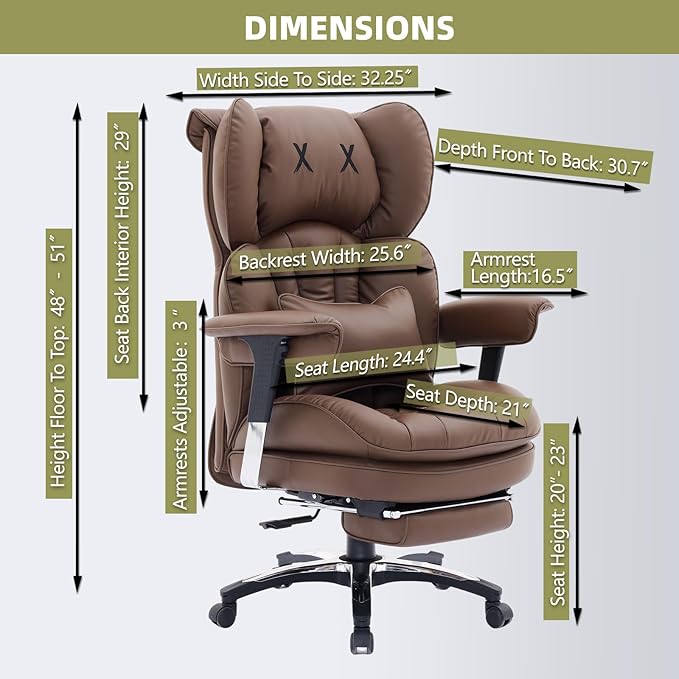 Efomao Big and Tall Office Chair with Footrest – High Back Computer Chair with Adjustable Armrests,Executive Office Chair with Wide Seat, Modern Desk Chair for Home Office, Gaming, or Study, Brown-DeskLoop Office
