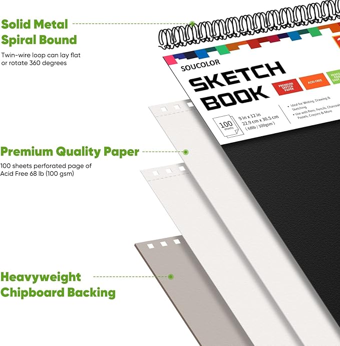 Soucolor Artist 9x12 Sketch Book Set, 4 Pack 100-Sheet Spiral Drawing Pads (68lb/100gsm) | Acid-Free Drawing Paper for Teens, Adults Classroom Art Supplies, Charcoal, Graphite, Pastel Pencils & Sticks-DeskLoop Office
