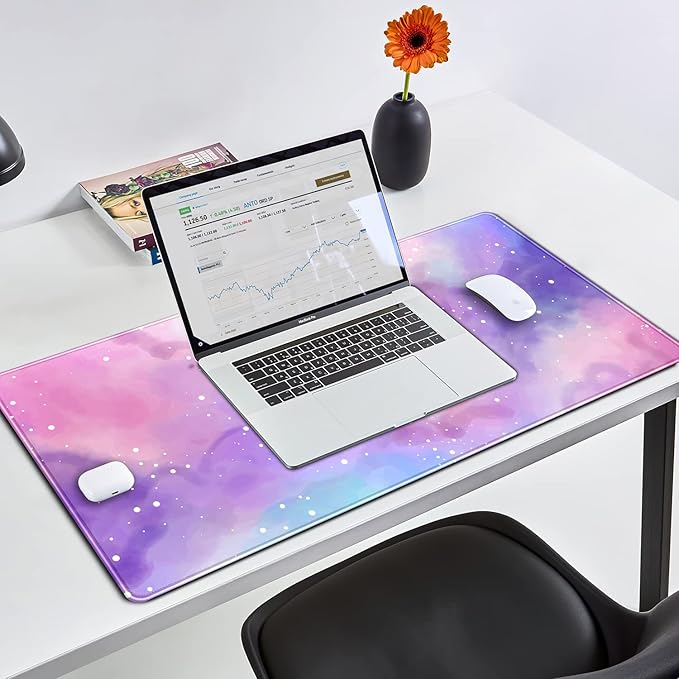 Desk Pad Purple Starry Sky Cute Gaming Mouse Pad Galaxy Gamer Girl Cute Pink Desk Decor Keyboard Desk Mat, Stitched Edges Desktop with Stitched Edges Non-Slip Large Computer Mat 31.5x15.7 in-DeskLoop Office