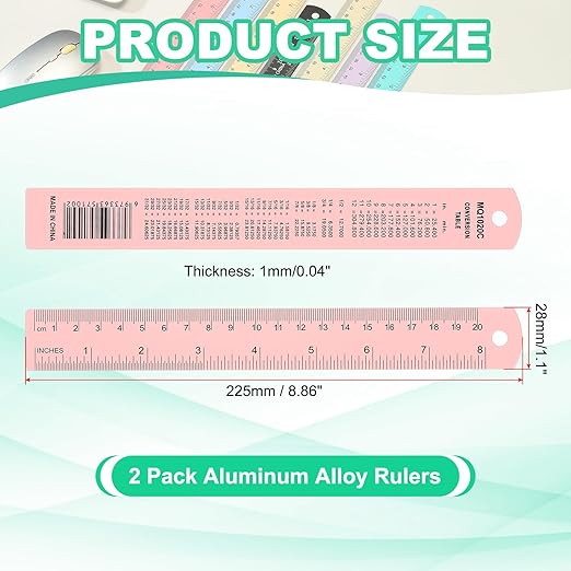 PATIKIL 20cm/8" Metal Ruler, 2 Pack Aluminum Alloy Rulers with Centimeters, Millimeters, Inches and Conversion Table Straight Edge Ruler for Writing Machinist Drafting, Pink-DeskLoop Office