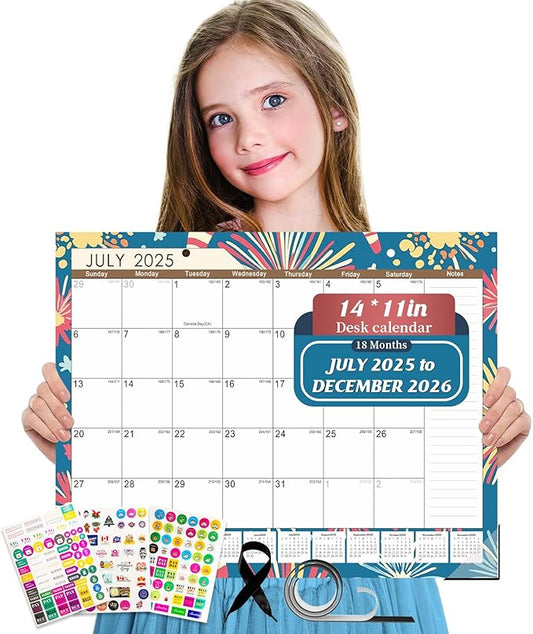 Gannyfer Desk Calendar 2025-2026, 18 Months Fridge Calendar - Large 14" x 11" Desktop/Wall Monthly Calendar, July 2025 - Dec 2026, Personal Planner for Home, School, Office(3 Stickers)-DeskLoop Office