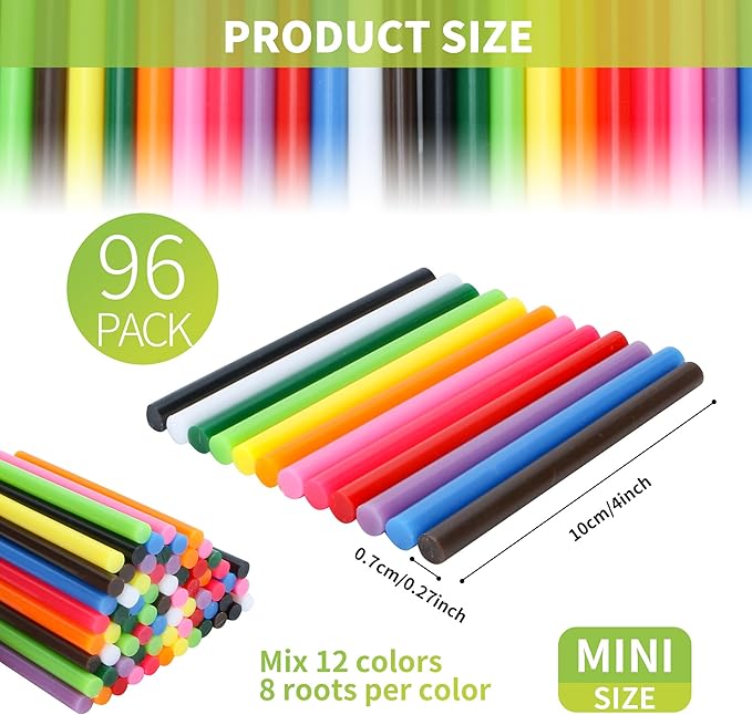 MATUFF Colored Hot Glue Sticks Mini 0.27" x 4" Most Popular 12 Colors EVA Hot Melt Adhesive Mini Glue Sticks Bulk for All Temperature Glue Guns for DIY Art Craft Stamp Repairs Gluing Projects 96 Pcs-DeskLoop Office