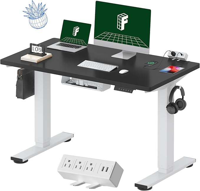 FLEXISPOT EN2 Whole-Piece Standing Desk with Clamp Power Strip, 48 x 24 Electric Stand Up Height Adjustable Desk with Cable Management (White Frame + 48" Black Top, 2 Packages)-DeskLoop Office
