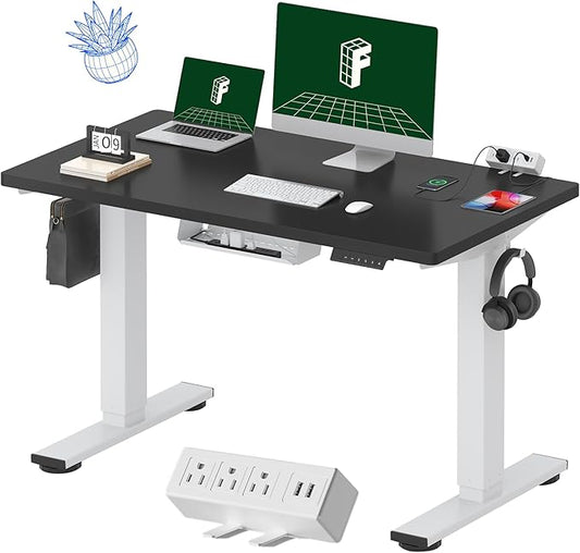 FLEXISPOT EN2 Whole-Piece Standing Desk with Clamp Power Strip, 48 x 24 Electric Stand Up Height Adjustable Desk with Cable Management (White Frame + 48" Black Top, 2 Packages)-DeskLoop Office