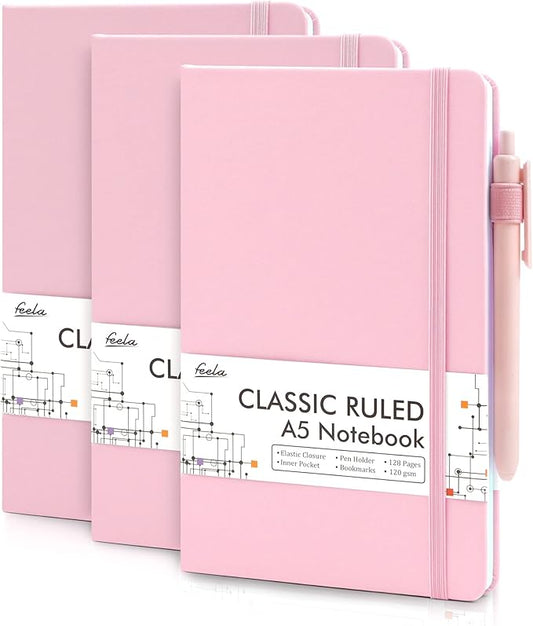 feela 3 Pack Notebooks Journals Bulk, Hardcover Notebook Classic Ruled Lined Journals with Pen Holder for Women Girls School Business Supplies, with 3 Black Pens, 120 GSM, 5.1”x8.3”, A5, Rose Pink-DeskLoop Office