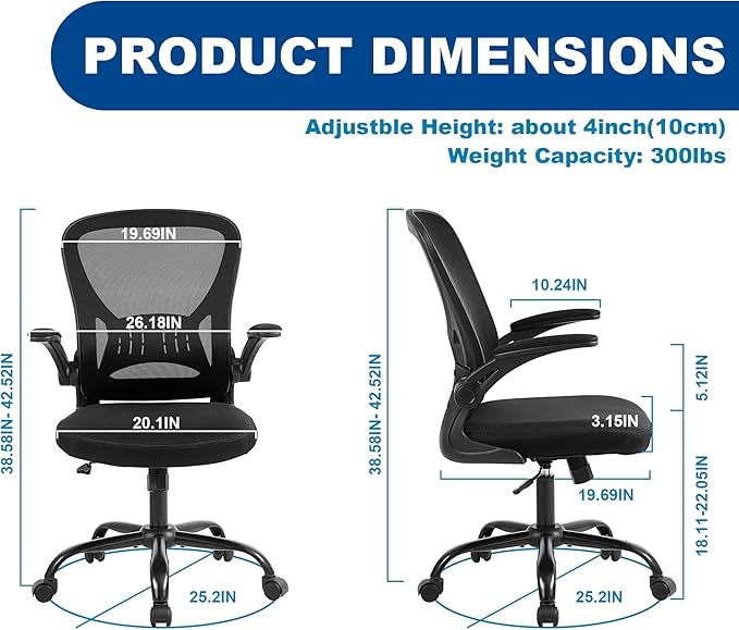 Mesh Office Chair, Ergonomic Home Office Desk Chairs with Flip-up Arms and Lumbar Support, Height Adjustable, Black-DeskLoop Office