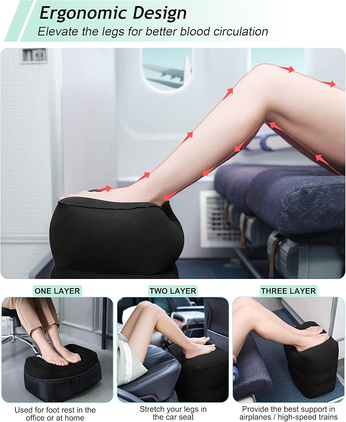 JefDiee Inflatable Travel Foot Rest Pillow, Kids Airplane Bed, Adjustable 3 Layers Height Leg Rest Pillow, Adults Travel Essentials Great for Airplane, Office, Home, Trains, Cars (Black)-DeskLoop Office