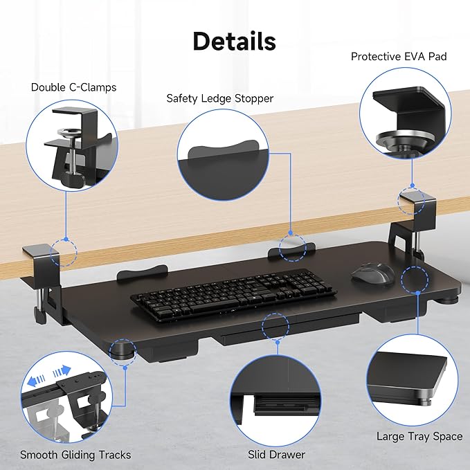 Keyboard Tray Under Desk with Storage Drawer Large C-Clamp 26.7”(31” Including Clamps) x 11.8” Slide-Out Platform Computer Drawer Pull Out Keyboard & Mouse Tray DSF7CT-DeskLoop Office