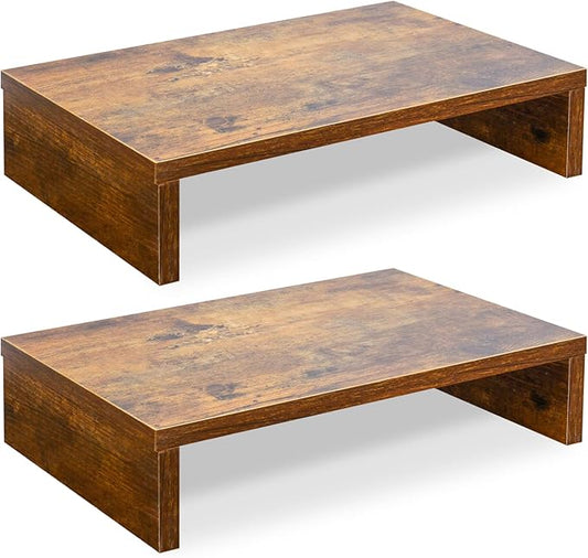 TEAMIX Monitor Riser - 2 Pack, Rustic Brown Wood Adjustable Stand for 2 Monitors/Laptop/PC-DeskLoop Office