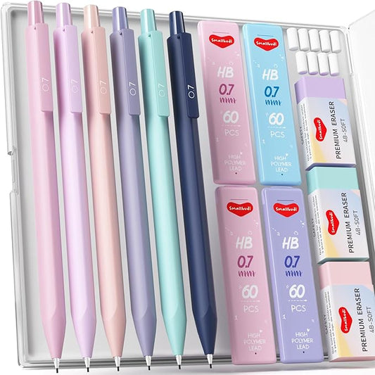6PCS 0.7mm Mechanical Pencils Set with Case, Cute Pastel Mechanical Pencil with 240PCS HB Lead Refills, 3 Erasers, Aesthetic Back to School Supplies for Student Writing Drawing Sketching-DeskLoop Office