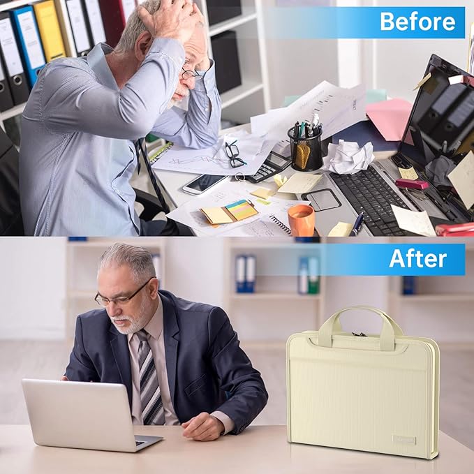 ENGPOW Accordion File Organizer,Fireproof Expanding File Folder with Multi Pockets,13 Pockets Document Organizer Bag with Handle & Labels,Portable Home Travel Safe Storage for Letter A4 Files,Beige-DeskLoop Office