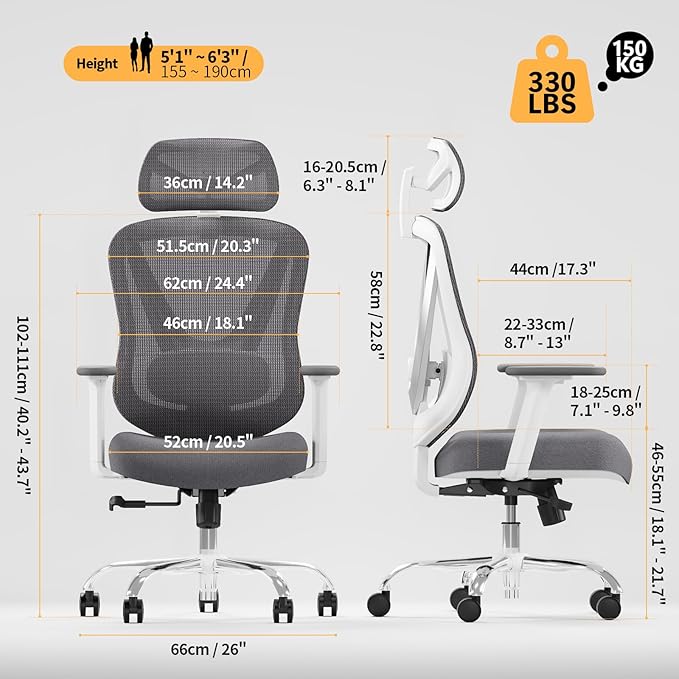 Ergonomic Mesh Office Chair - 3D Adjustable Lumbar Support & 3D Armrests, V-Shaped Back, Adjustable Desk Chair for Office & Home, White-DeskLoop Office