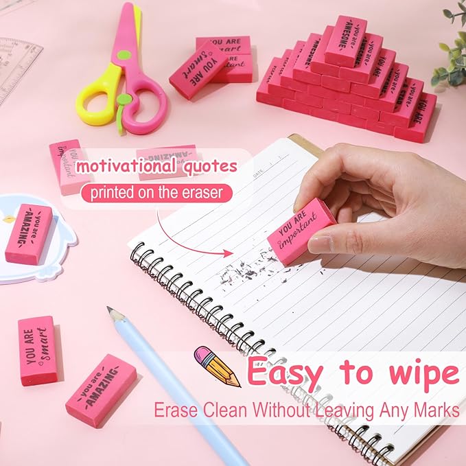 180 Pcs Inspirational Erasers for Kids Christian Pencil Erasers Bulk, Back-to-School Gifts Motivational and Cute Supplies for Students Classrooms, Drawing(Pink,Motivational)-DeskLoop Office