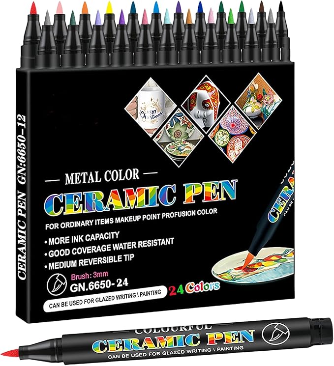 Permanent Marke Ceramics Pens 24 Colors Porcelain Paint Brush Pen for Both Glazed and Unglazed Ceramics Christmas Decoration Wine Markers-DeskLoop Office