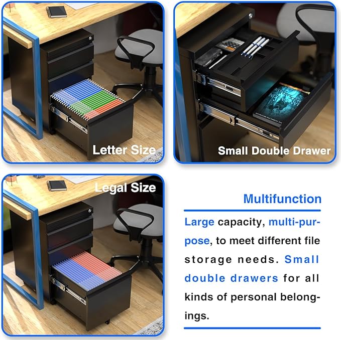3 Drawer Steel Mobile File Cabinet with Lock for Legal/Letter/A4 Folders, 23.6''H Rolling File Cabinet for Home, Office, Fully Assembled Except Wheels, Black-DeskLoop Office