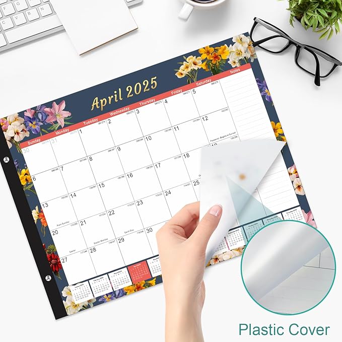 Gannyfer Desk Calendar 2025-2026, Large 22"x17" Desktop Calendars 18 Month Jan 2025 - Jun 2026, Monthly Planner Pad with Plastic Cover -Dark Floral-DeskLoop Office
