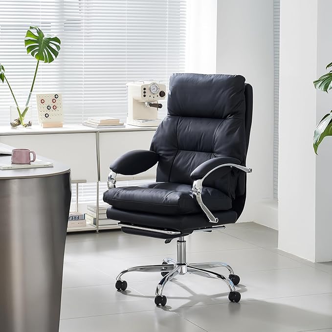 LEAGOO Reclining Office Chair with Foot Rest, Executive Office Chairs with Arms, Ergonomic High Back PU Leather Comfy Swivel Computer Desk Chairs with Wheels and Lumbar Support for Home Office, Black-DeskLoop Office