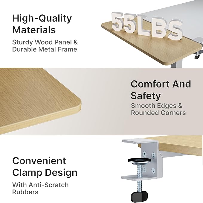 Desk Extender Tray, 28" x 12" Clamp On Desk Shelf, Desk Extension with Laptop Holder, Table Desk Arm Rest, Clamp On Keyboard Tray for Office and Home, Workstation Organizer, Large, Wood-DeskLoop Office