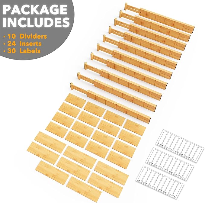 SpaceAid Bamboo Drawer Dividers with Inserts and Labels, Kitchen Adjustable Drawer Organizers, Expandable Organization for Home, Office, Dressers, 10 Dividers with 24 Inserts (17"-22" Natural)-DeskLoop Office