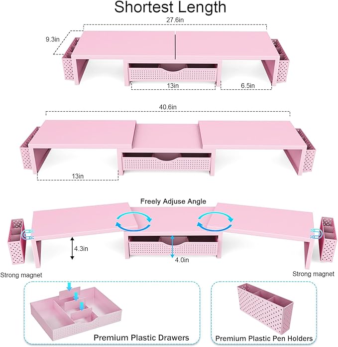 gianotter Dual Monitor Stand Riser, Desk Organizer With Drawer and 2 Pen Holders,Desk Organizers and Accessories, Pink Office Supplies (Pink)-DeskLoop Office