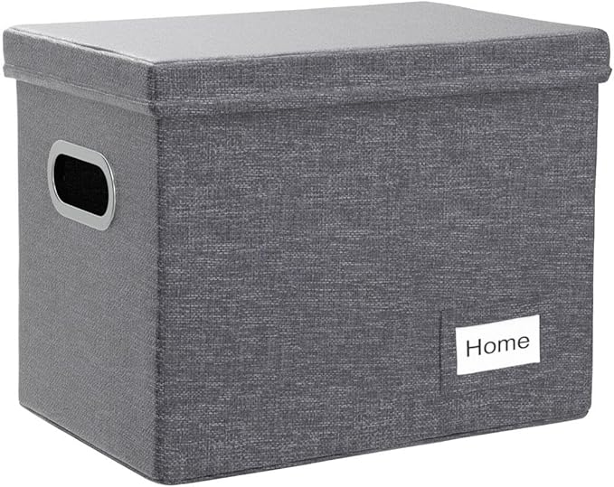 PRANDOM File Organizer Box - Set of 2 Collapsible Decorative Linen Filing Storage Hanging File Folders with Lids Office Cabinet Letter Size Grey (14x9.3x10.8 inch)-DeskLoop Office