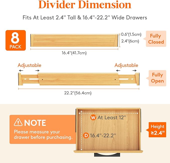 Lifewit 8 Pack Drawer Dividers Bamboo 2.4" High, 16-22" Adjustable Drawer Organizers for Clothes, Wooden Dresser Separators in Bedroom/Bathroom/Kitchen/Fridge/Office Organization and Storage-DeskLoop Office