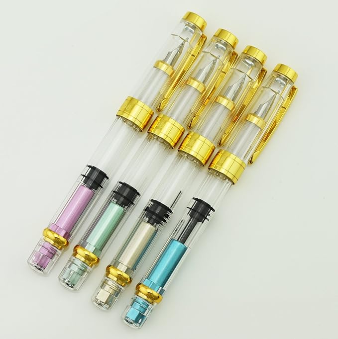 Lanxivi 4 PCS Yongsheng 3008 Piston Fountain Pen Fine Nib Transparent Diversity Color Gold Trim Set-DeskLoop Office