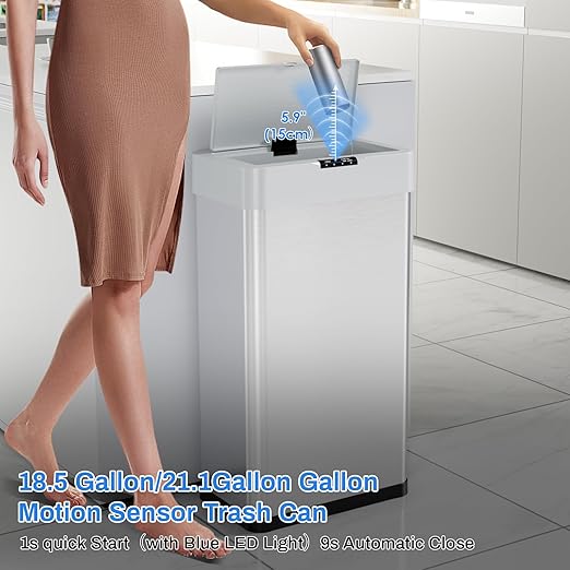 AthLike Sensor Trash Can, Touchless Motion Sensor Trash Bin, Smart Automatic Garbage Can with Soft-Close Lid, Bag Retainer Ring and Display Light,for Kitchen,Living Room Office (Silver, 18.5 Gal)-DeskLoop Office
