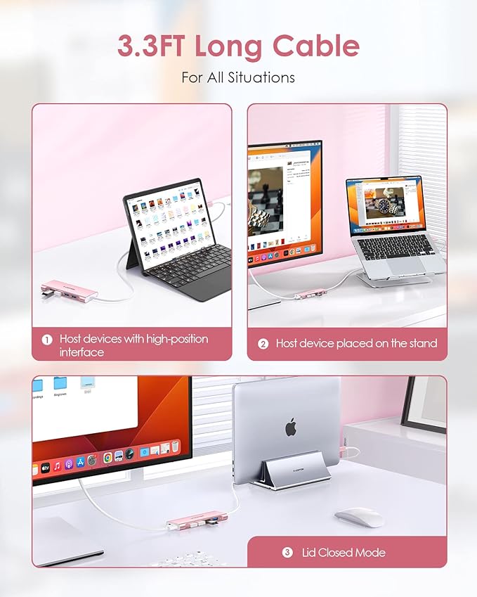 LENTION 3.3FT Long Cable USB C Multiport Hub with 4K HDMI, 4 USB 3.0, Type C Charging Compatible 2023-2016 MacBook Pro, New Mac Air/iMac/Mac Mini, More, Stable Driver Adapter (C35-1M, Rose Gold)-DeskLoop Office