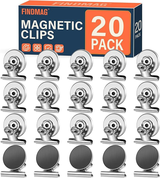 FINDMAG 20 Pack Magnetic Clips Fridge Magnets, Heavy Duty Refrigerator Magnet Clips Whiteboard Magnet, Strong Clips Magnets Scratch Free Metal Magnet Clips for Fridge, Whiteboard, Kitchen, Office-DeskLoop Office