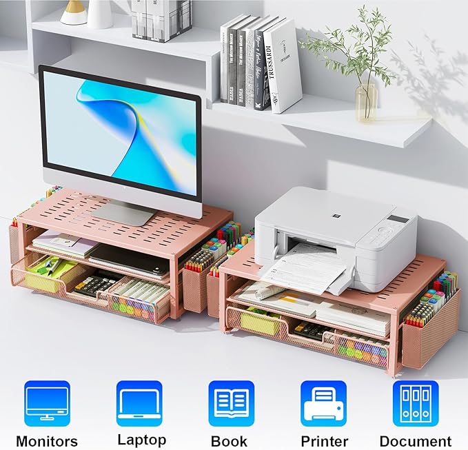 gianotter Desk Organizers and Accessories, Monitor Stand with Drawer and 2 Pen Holder, Desktop Organizer Suitable for Offices and Dormitories (Rose Gold)-DeskLoop Office