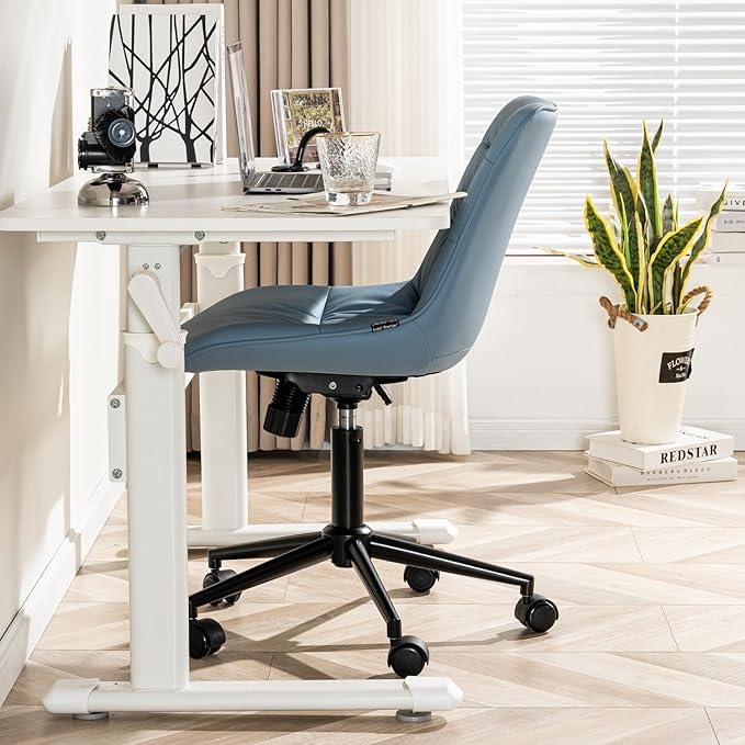 Kidol & Shellder Faux Leather Office Chair, Adjustable Swivel Height Task Chair, Rolling Wheels & Soft Backrest - Armless Ergonomic Desk Chair for Home, Office,Vanity,Gaming(Blue)-DeskLoop Office
