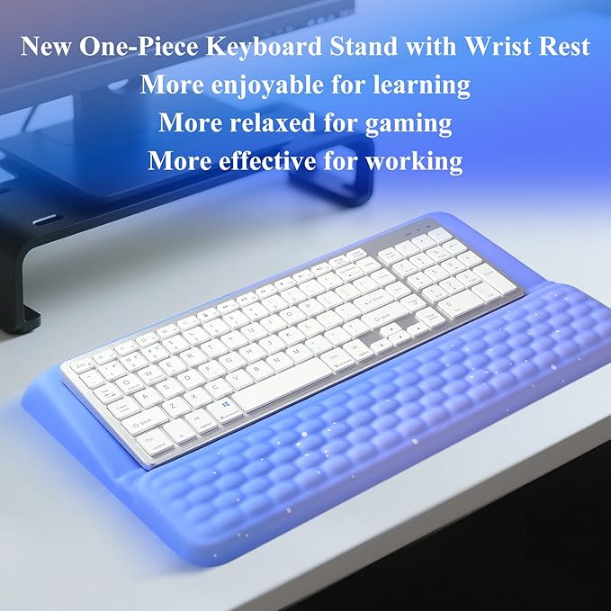 Ergonomic one-Piece Computer Keyboard Stand with Wrist Rest for Desktop Offers Two Support Angles. Silky Lycra Surface and Memory Foam Comfortable Hand Support (Purple Star)-DeskLoop Office