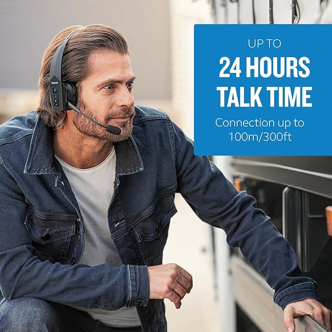 BlueParrott B350-XT Mono Bluetooth Wireless Headphones 96% Noise Canceling Over Head Trucker Headset with Mic, Adjustable Lightweight Headband, IP54-Rated Protection, 24 hrs. Talk Time, Black-DeskLoop Office