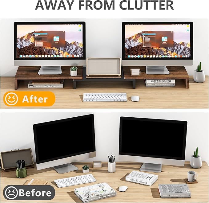 TAVR Dual Monitor Stand Riser, Computer Monitor Stands for 2 Monitors, Extra Long Multifunctional Desktop Organizer Riser for Computer, Laptop, PC, Printer, TV, Max 43.3" Length, Rustic Brown-DeskLoop Office