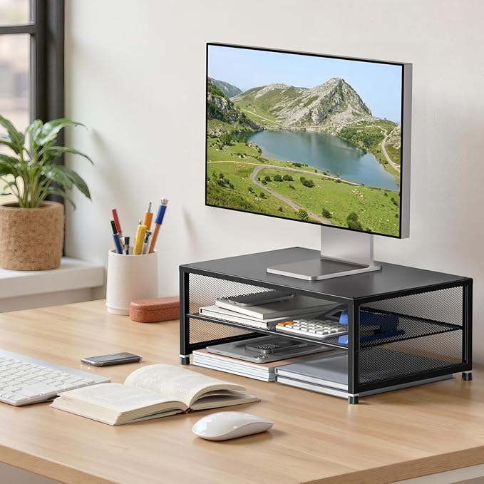 Desk Organizers and Accessories, Computer Monitor Stand Riser, Printer & Laptop Stand, Office Desk Accessories & Desktop Workspace Organizers for Office Supplies (Black)-DeskLoop Office