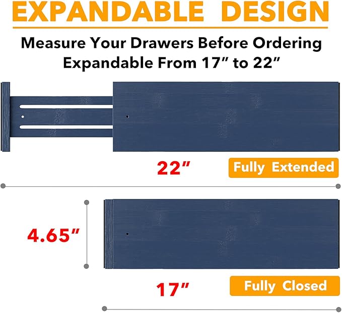 SpaceAid Bamboo Dresser Drawer Dividers 6 Pack, 4.65“ High Adjustable 17“-22” Drawer Organizers, Expandable Organization for Clothing, Clothes, Dressers, Navy Blue-DeskLoop Office