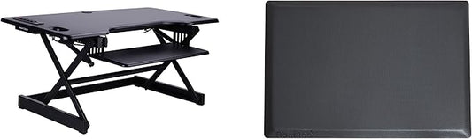 Rocelco 46" Height Adjustable Standing Desk Converter with AC USB Charger and Anti Fatigue Floor Mat - Sit Stand Up Triple Screen Riser Workstation - Keyboard Tray - Black (R DADRB-46-ACUSB-MAFM)-DeskLoop Office