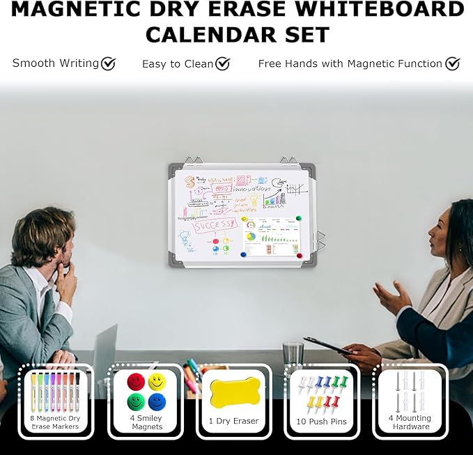 EAONE 16x12 in Double Side Whiteboard Calendar & Cork Board Combo for Wall, 3 in 1 Magnetic Dry Erase Whiteboard Monthly Calendar and Bulletin Board with Aluminum Frame for Home Office Kitchen-DeskLoop Office
