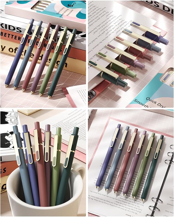 SUNEE Gel Pens, 6 Pack 0.5mm Pens Fine Point Smooth Writing Pens with Quick-Dry Black Ink, Cute Aesthetic School Office Note-Taking Pens for Journaling - Vintage-DeskLoop Office