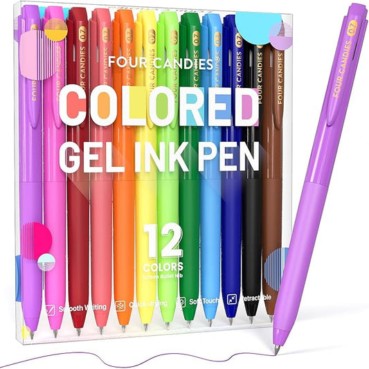 Four Candies Quick Dry Ink Colored Pens Set, 12 Colors Retractable Gel Pens, 0.7mm Fine Point Colorful Pen for Note Taking & Drawing, Colored Gel Pen with Comfort Grip for Office, School & Home-DeskLoop Office