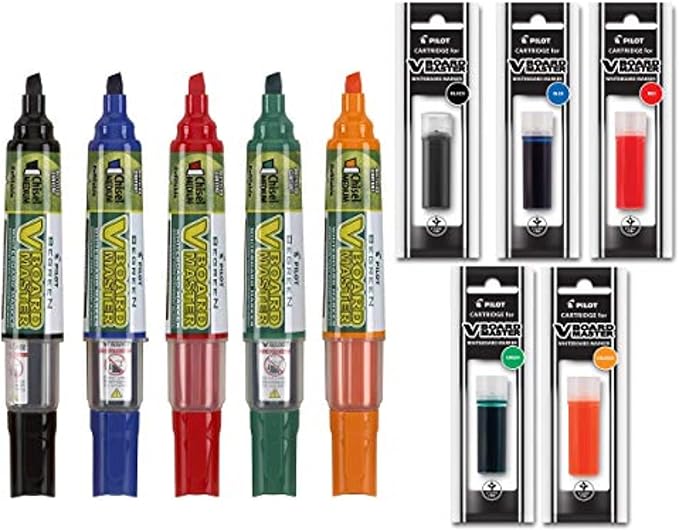 Refillable Dry Erase Markers, Pilot BeGreen V Board Master Assorted Colors, 5-Pack With 1 Refill For Each Marker-DeskLoop Office
